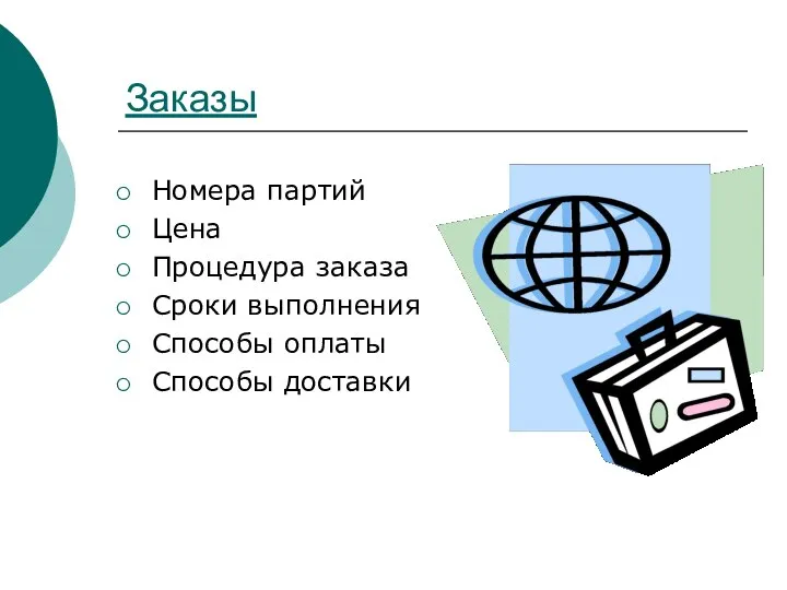 Заказы Номера партий Цена Процедура заказа Сроки выполнения Способы оплаты Способы доставки