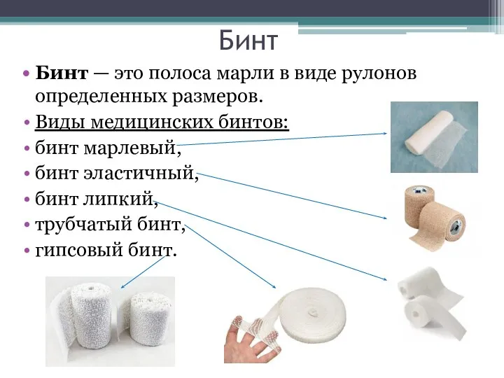 Бинт Бинт — это полоса марли в виде рулонов определенных размеров. Виды