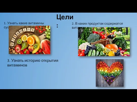 Цели: 1. Узнать какие витамины существуют 2. В каких продуктах содержатся витамины