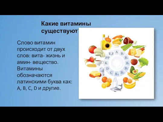 Какие витамины существуют? Слово витамин происходит от двух слов: вита- жизнь и