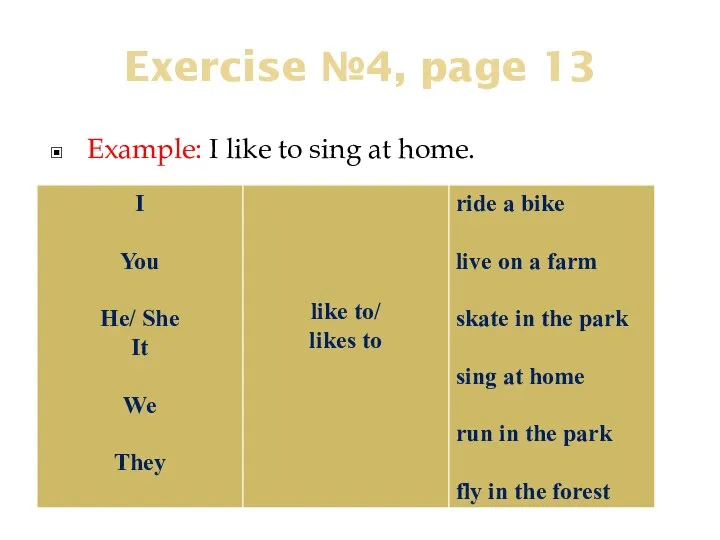 Exercise №4, page 13 Example: I like to sing at home.