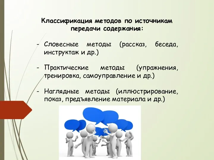 Классификация методов по источникам передачи содержания: Словесные методы (рассказ, беседа, инструктаж и