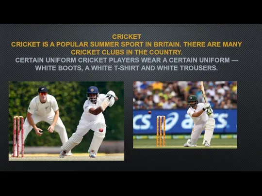 CRICKET CRICKET IS A POPULAR SUMMER SPORT IN BRITAIN. THERE ARE MANY