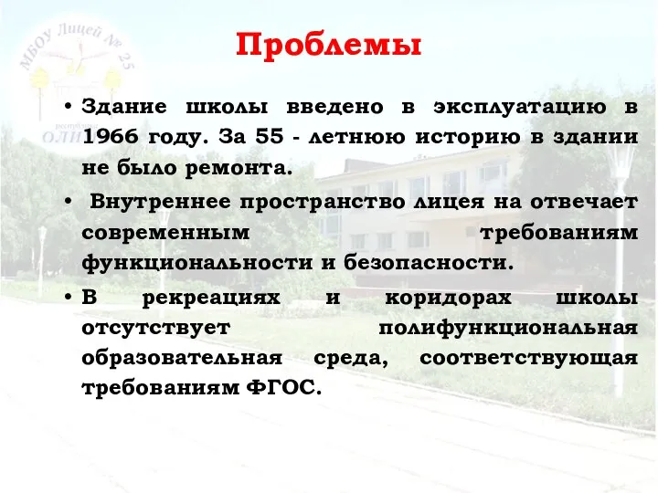 Проблемы Здание школы введено в эксплуатацию в 1966 году. За 55 -