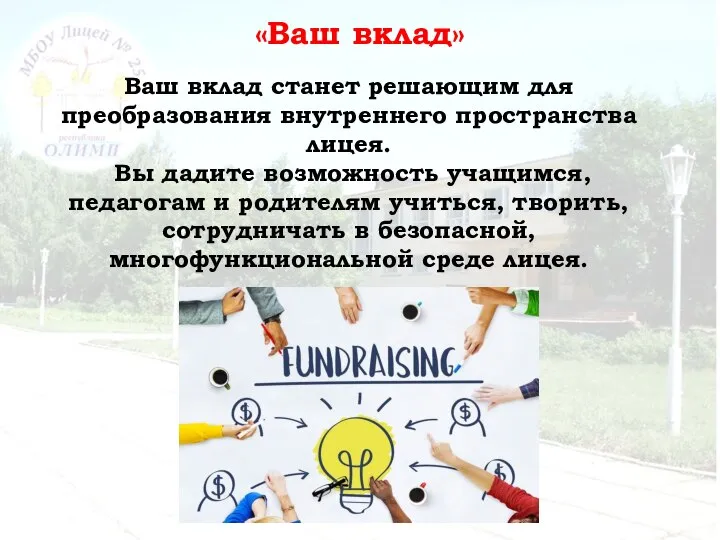 «Ваш вклад» Ваш вклад станет решающим для преобразования внутреннего пространства лицея. Вы