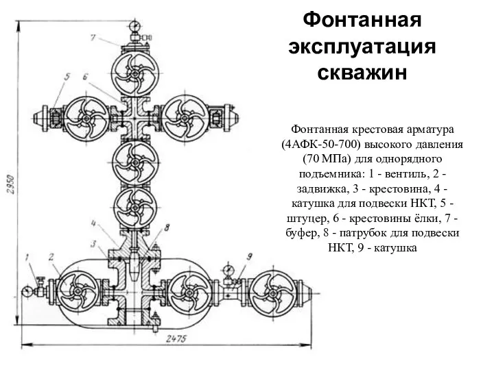 Фонтанная крестовая арматура (4АФК-50-700) высокого давления (70 МПа) для однорядного подъемника: 1