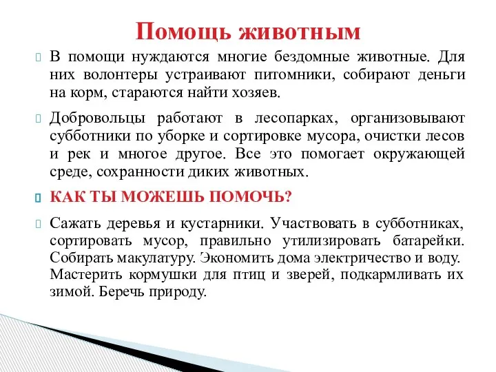 В помощи нуждаются многие бездомные животные. Для них волонтеры устраивают питомники, собирают