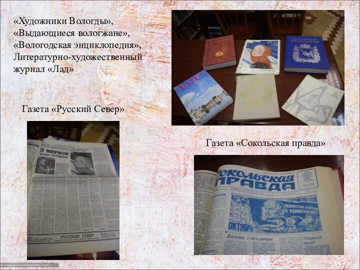 «Художники Вологды», «Выдающиеся вологжане», «Вологодская энциклопедия», Литературно-художественный журнал «Лад» Газета «Русский Север» Газета «Сокольская правда»