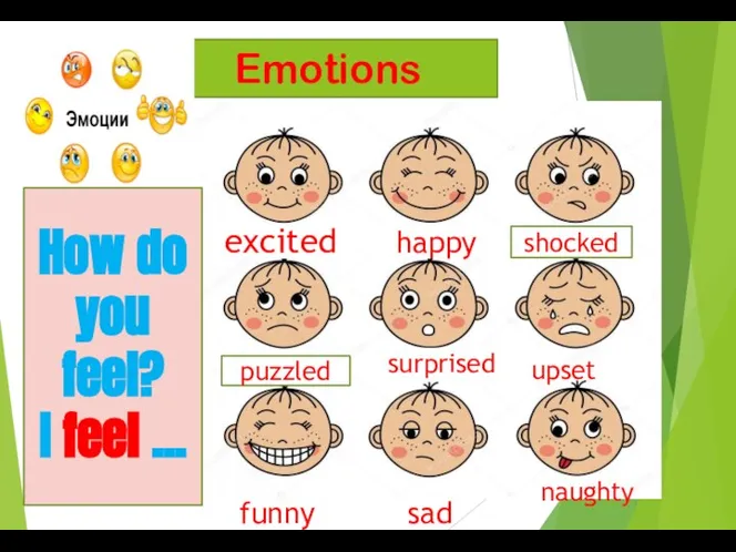 Emotions How do you feel? I feel ... excited happy shocked puzzled