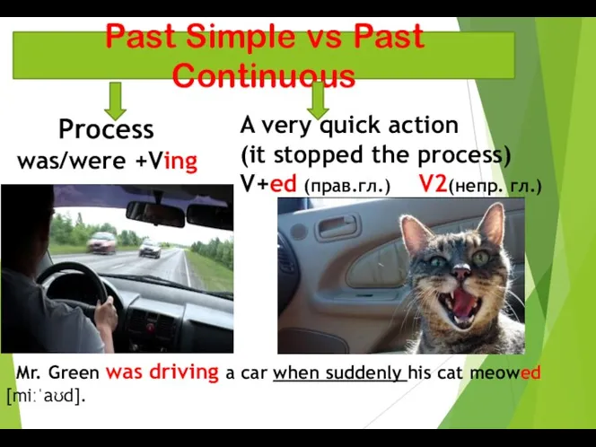 Past Simple vs Past Continuous Process was/were +Ving A very quick action