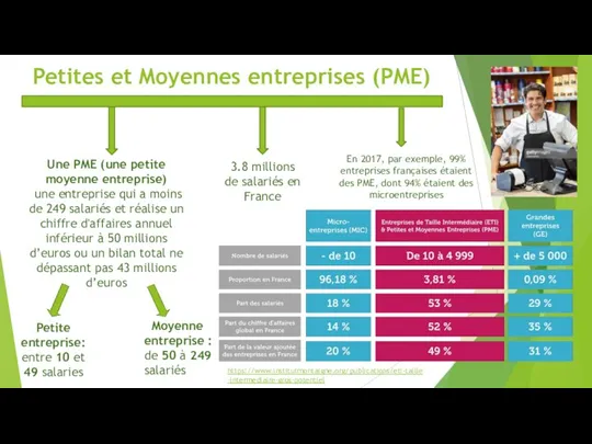 Petites et Moyennes entreprises (PME) Petite entreprise: entre 10 et 49 salaries