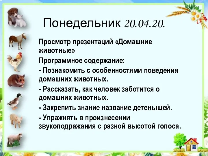 Понедельник 20.04.20. Просмотр презентаций «Домашние животные» Программное содержание: - Познакомить с особенностями