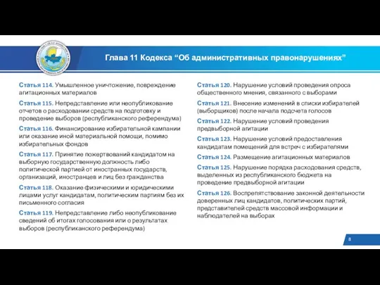 Глава 11 Кодекса “Об административных правонарушениях” Статья 114. Умышленное уничтожение, повреждение агитационных