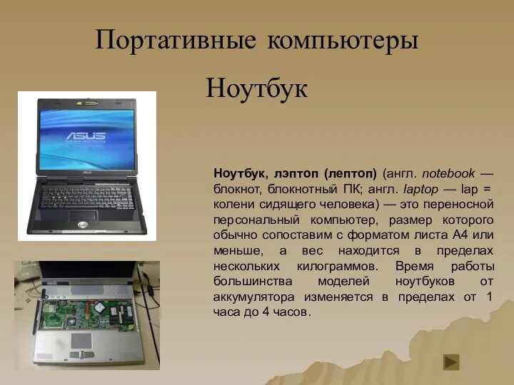 Портативные компьютеры Ноутбук Ноутбук, лэптоп (лептоп) (англ. notebook — блокнот, блокнотный ПК;