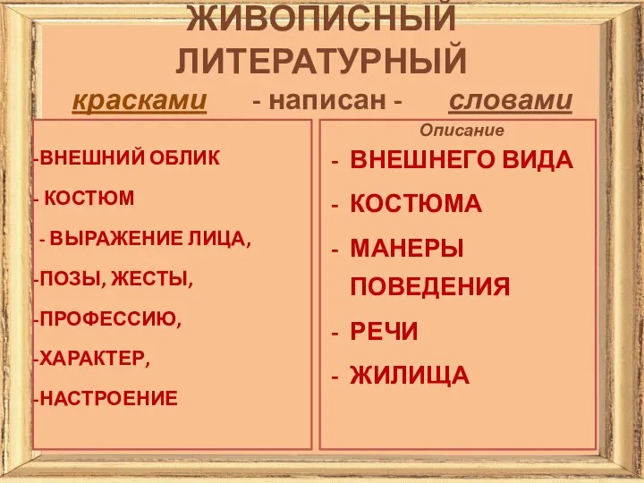 ЖИВОПИСНЫЙ ЛИТЕРАТУРНЫЙ красками - написан - словами ВНЕШНИЙ ОБЛИК КОСТЮМ - ВЫРАЖЕНИЕ