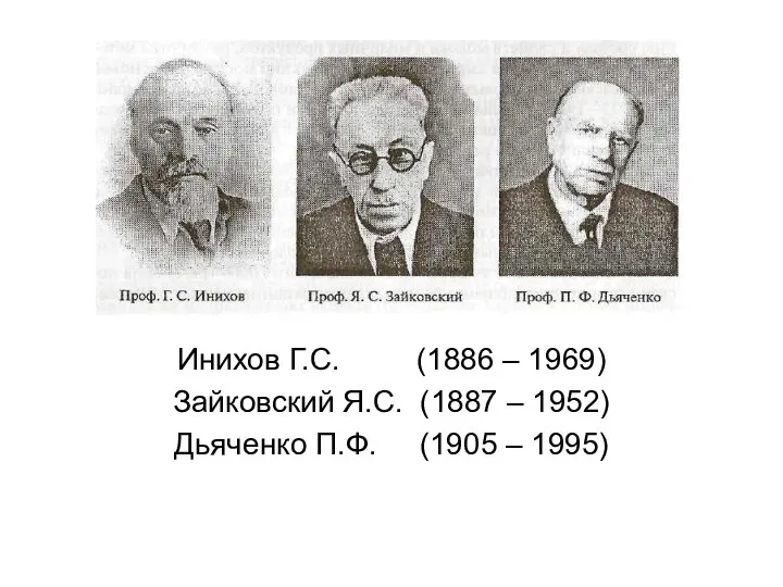 Инихов Г.С. (1886 – 1969) Зайковский Я.С. (1887 – 1952) Дьяченко П.Ф. (1905 – 1995)