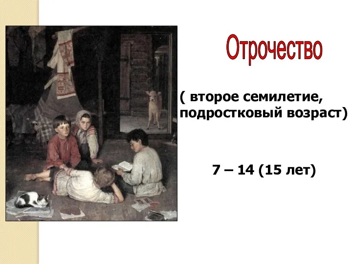 Отрочество ( второе семилетие, подростковый возраст) 7 – 14 (15 лет)