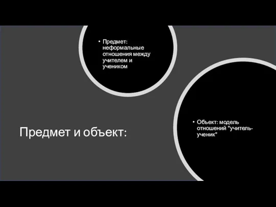 Предмет и объект: Предмет: неформальные отношения между учителем и учеником Объект: модель отношений "учитель-ученик"