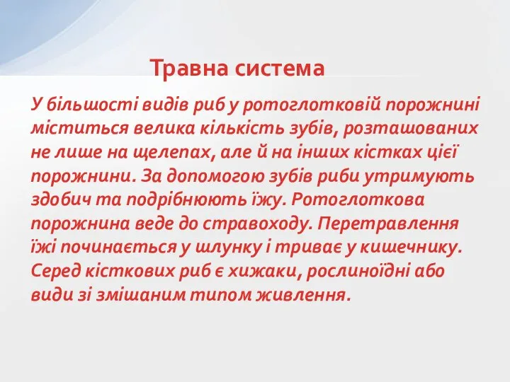 У більшості видів риб у ротоглотковій порожнині міститься велика кількість зубів, розташованих