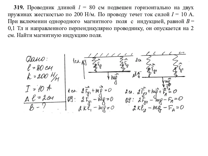 319. Проводник длиной l = 80 см подвешен горизонтально на двух пружинах