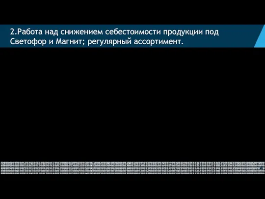 2.Работа над снижением себестоимости продукции под Светофор и Магнит; регулярный ассортимент. Себестоимость: