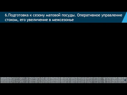 6.Подготовка к сезону матовой посуды. Оперативное управление стоком, его увеличение в межсезонье