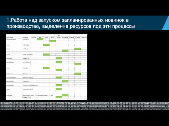 1.Работа над запуском запланированных новинок в производство, выделение ресурсов под эти процессы