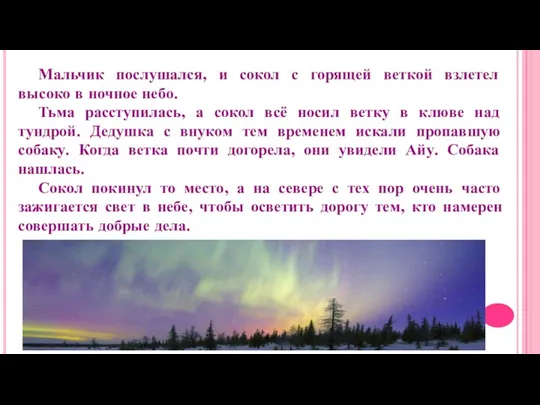 Мальчик послушался, и сокол с горящей веткой взлетел высоко в ночное небо.