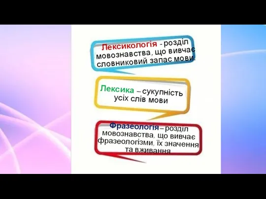 Лексикологія - розділ мовознавства, що вивчає словниковий запас мови. Лексика – сукупність