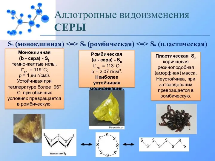 Аллотропные видоизменения СЕРЫ S8 (моноклинная) S8 (ромбическая) Sn (пластическая) Моноклинная (b -