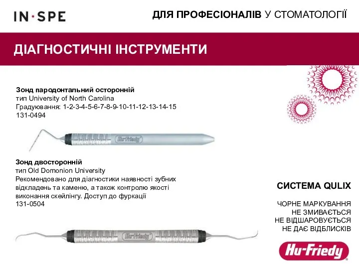 ДЛЯ ПРОФЕСІОНАЛІВ У СТОМАТОЛОГІЇ ДІАГНОСТИЧНІ ІНСТРУМЕНТИ Зонд пародонтальний осторонній тип University of