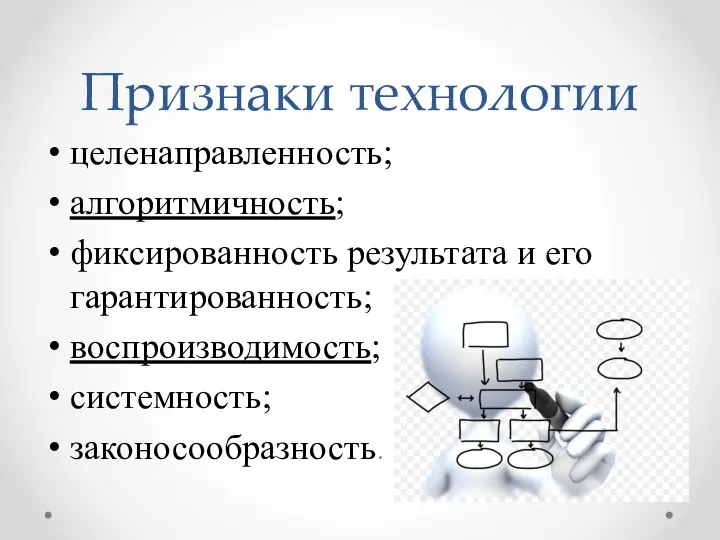 Признаки технологии целенаправленность; алгоритмичность; фиксированность результата и его гарантированность; воспроизводимость; системность; законосообразность.