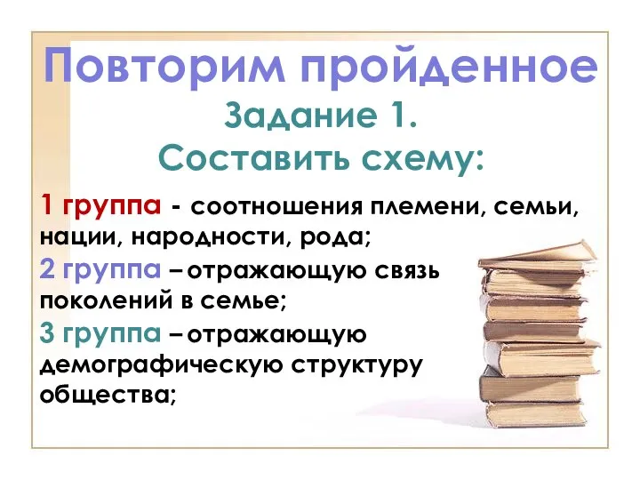 Повторим пройденное Задание 1. Составить схему: 1 группа - соотношения племени, семьи,