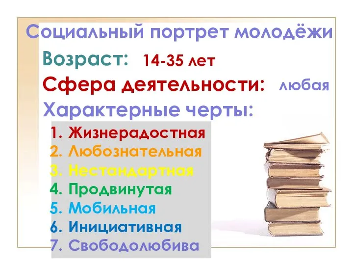 Социальный портрет молодёжи Возраст: 14-35 лет Сфера деятельности: любая Характерные черты: Жизнерадостная