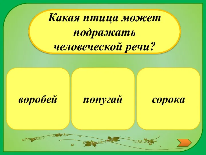 попугай Какая птица может подражать человеческой речи? сорока воробей