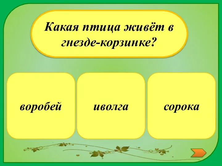 иволга Какая птица живёт в гнезде-корзинке? сорока воробей