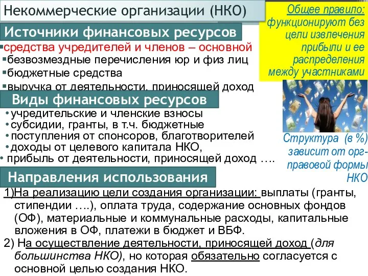 Общее правило: функционируют без цели извлечения прибыли и ее распределения между участниками