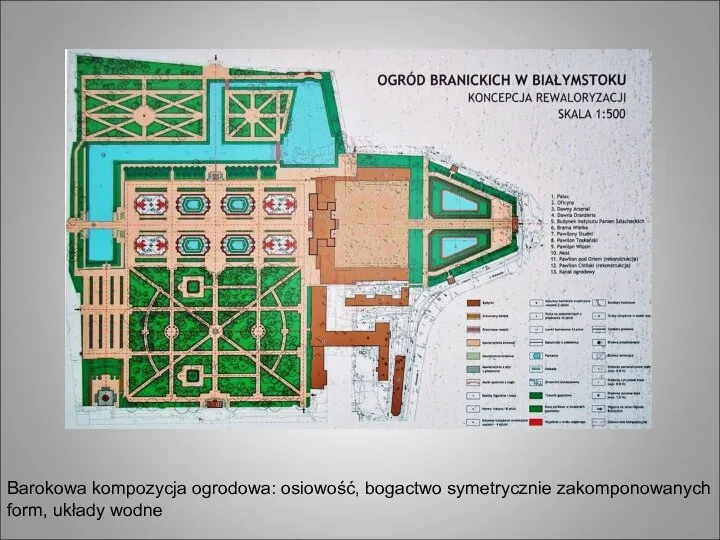 Barokowa kompozycja ogrodowa: osiowość, bogactwo symetrycznie zakomponowanych form, układy wodne