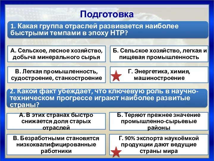 Подготовка 1. Какая группа отраслей развивается наиболее быстрыми темпами в эпоху НТР?