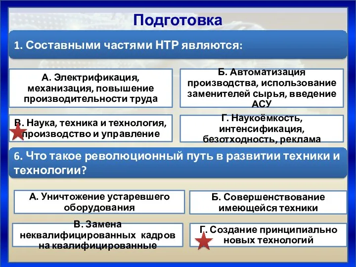 Подготовка 1. Составными частями НТР являются: 6. Что такое революционный путь в развитии техники и технологии?