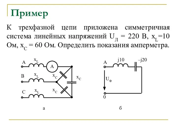 Пример К трехфазной цепи приложена симметричная система линейных напряжений UЛ = 220