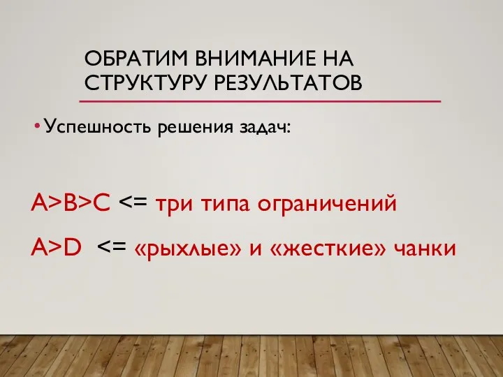 ОБРАТИМ ВНИМАНИЕ НА СТРУКТУРУ РЕЗУЛЬТАТОВ Успешность решения задач: A>B>C A>D