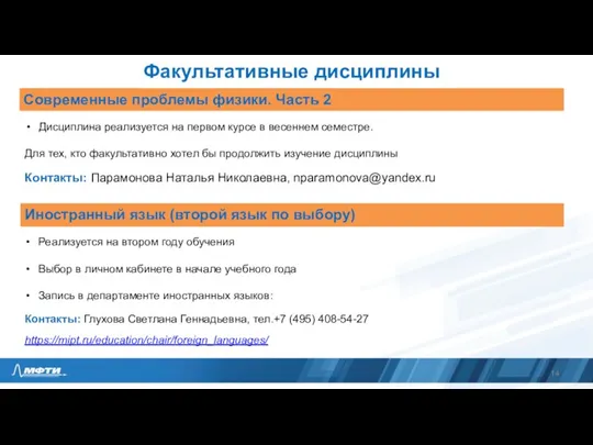 Факультативные дисциплины Современные проблемы физики. Часть 2 Реализуется на втором году обучения