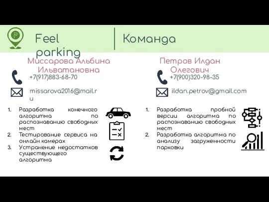 Feel parking Команда +7(917)883-68-70 Миссарова Альбина Ильватановна +7(900)320-98-35 Петров Илдан Олегович ildan.petrov@gmail.com