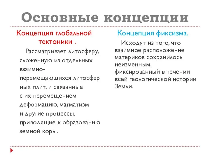 Основные концепции Концепция глобальной тектоники . Рассматривает литосферу, сложенную из отдельных взаимно-перемещающихся