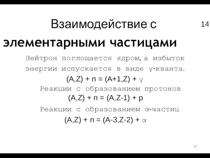 14 Взаимодействие с элементарными частицами Нейтрон поглощается ядром, а избыток энергии испускается