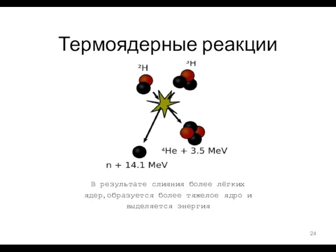 Термоядерные реакции В результате слияния более лёгких ядер, образуется более тяжелое ядро и выделяется энергия