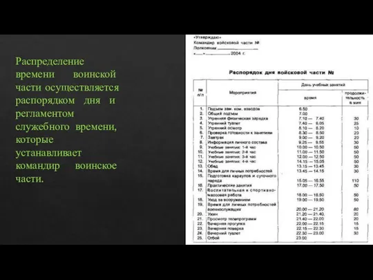 Распределение времени воинской части осуществляется распорядком дня и регламентом служебного времени, которые устанавливает командир воинское части.