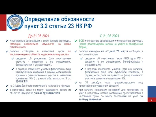 Определение обязанности пункт 3.2 статьи 23 НК РФ До 21.05.2021 Иностранные организации