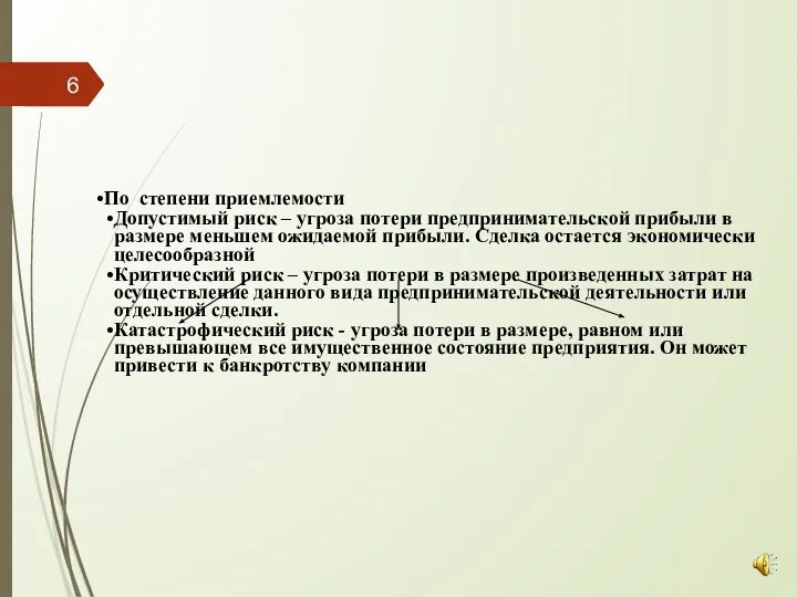 По степени приемлемости Допустимый риск – угроза потери предпринимательской прибыли в размере